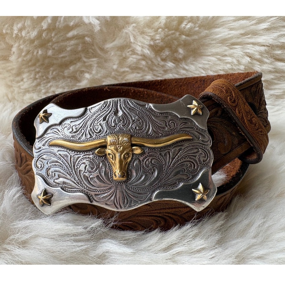 Tony Lama Kids Brown Tooled Leather Western Cowboy Belt Longhorn Buckle Size 22